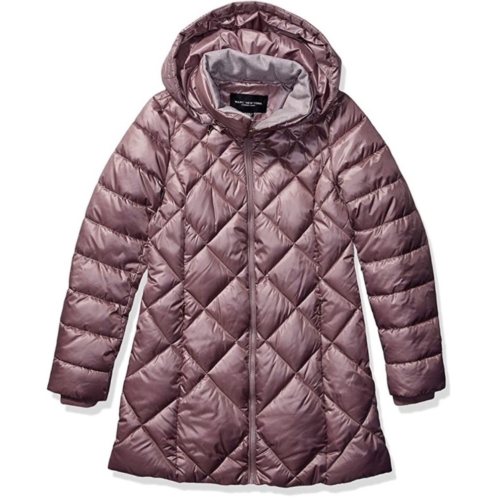 Andrew Marc Sz M Women's Quilted Puffer Jacket Plum Zip Closure Removable Hood